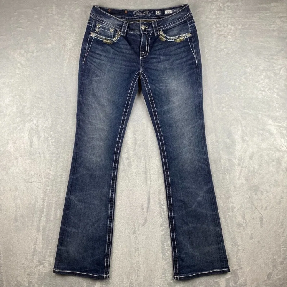 Miss Me Jeans Womens 28 Blue Signature Boot Flared Flap Pocket Dark Wash Denim - Picture 2 of 16